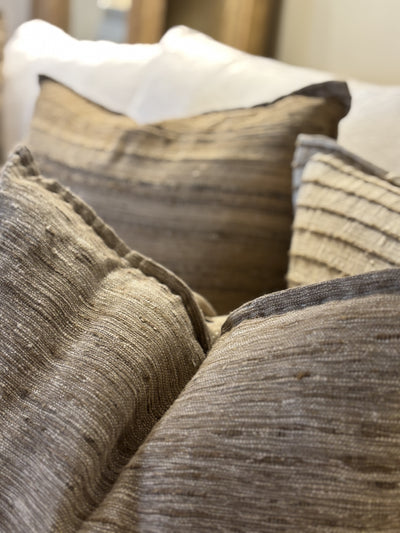 LORELEI. THREADED SILK. BROWNS & NATURAL.60 X 60CM CUSHIONS.