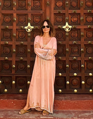 Kamaria Bamboo Silk Long Kaftan Dress-Coral