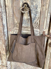 Brown Leather Tote Bag With Tassels